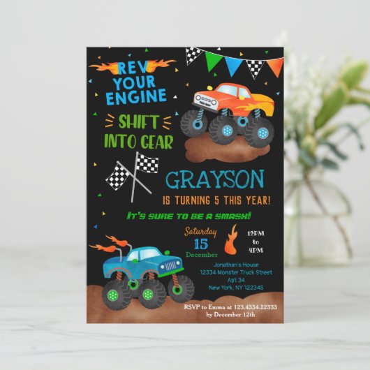 Monster Truck Birthday Party Uitnodigingen voor jo (Staand voorkant)