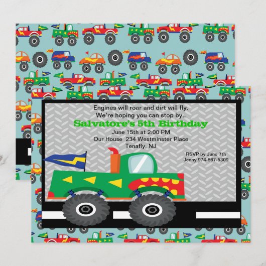 Monster Truck Birthday Uitnodiging (Voorkant / Achterkant)