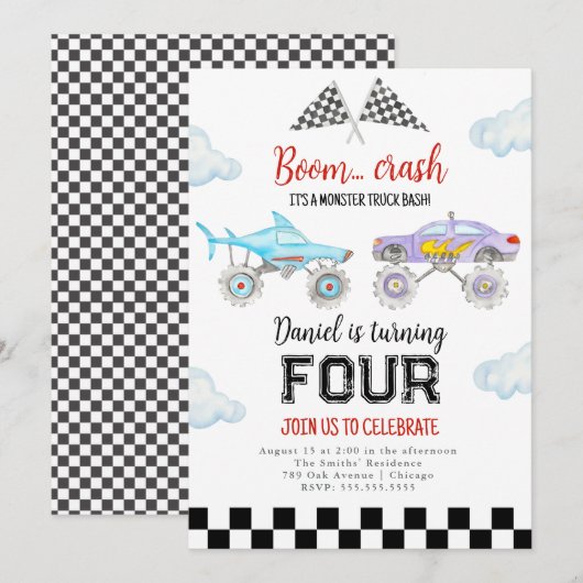 Monster Truck Birthday Uitnodiging (Voorkant / Achterkant)
