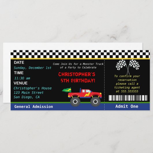 Monster Truck Birthday Uitnodiging (Voorkant / Achterkant)