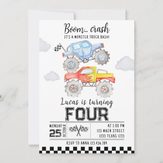 Monster Truck Birthday Uitnodiging (Voorkant)