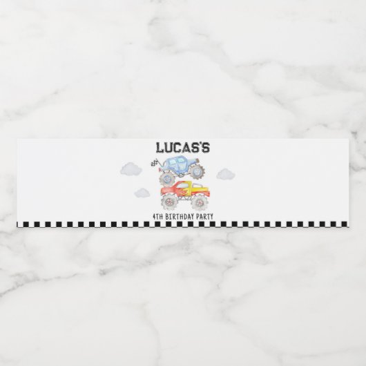 Monster Truck Birthday Water Fles Label Waterfles Etiket (Enkel label)
