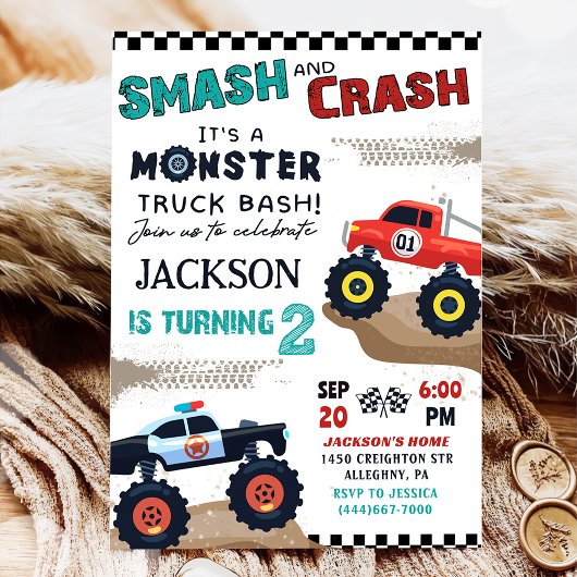 Monster Truck Boy 2nd Birthday Party Invitation Kaart