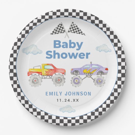 Monster Truck Boy Baby shower Papieren Bordje (Voorkant)