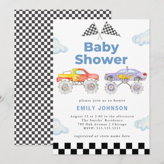 Monster Truck Boy Baby shower Uitnodiging (Voorkant / Achterkant)