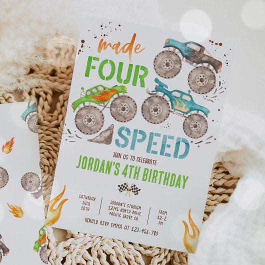 Monster Truck Boy maakte vier speed 4e verjaardag Kaart