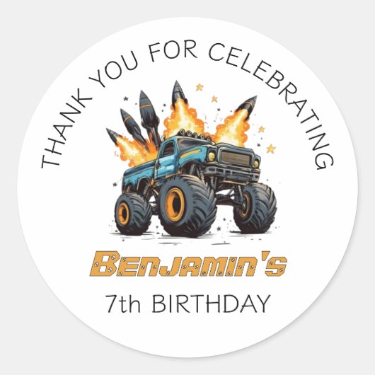 Monster Truck Boys Bedankt Verjaardagsfeest Ronde Sticker (Voorkant)