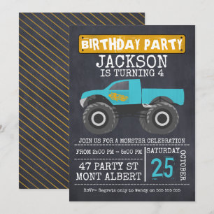 Monster Truck Chalboard Birthday Party Invitation Kaart