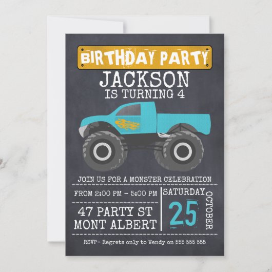 Monster Truck Chalboard verjaardagsfeestje uitnodi Kaart (Voorkant)