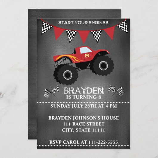 Monster Truck Chalkboard Verjaardag Uitnodiging (Voorkant / Achterkant)
