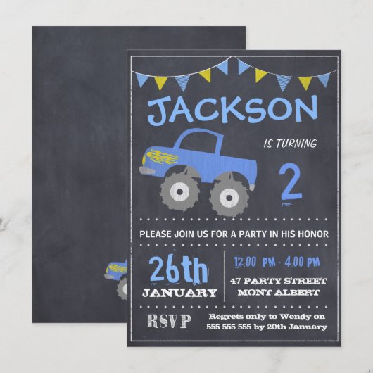Monster Truck Chalkboard Verjaardag Uitnodiging (Voorkant / Achterkant)