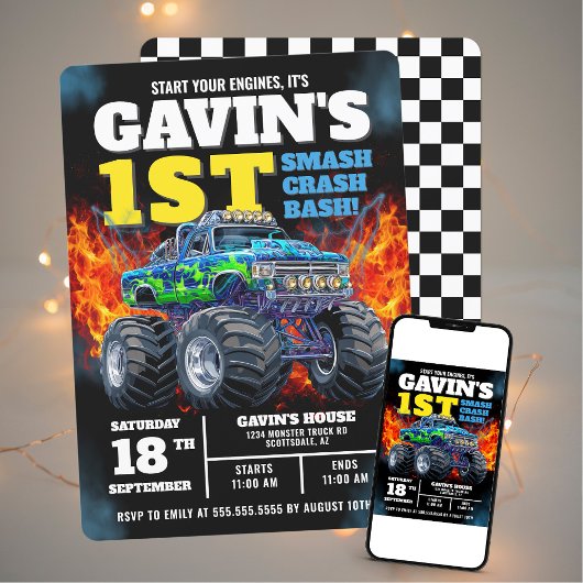 Monster Truck Cool Blue 1e verjaardag gepersonalis Kaart