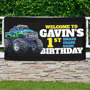 Monster Truck Cool Blue 1st Birthday Custom Vinyl Spandoek