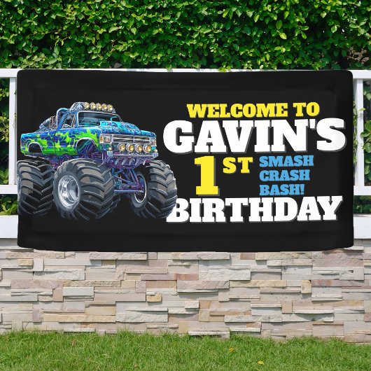 Monster Truck Cool Blue 1st Birthday Custom Vinyl Spandoek