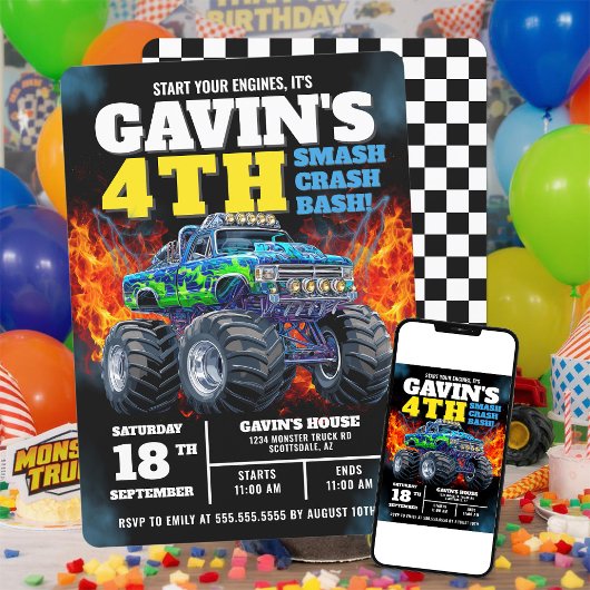 Monster Truck Cool Blue 4e verjaardag gepersonalis Kaart
