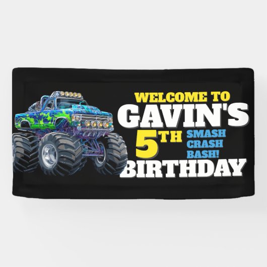 Monster Truck Cool Blue 5th Birthday Custom Vinyl Spandoek (Horizontaal)