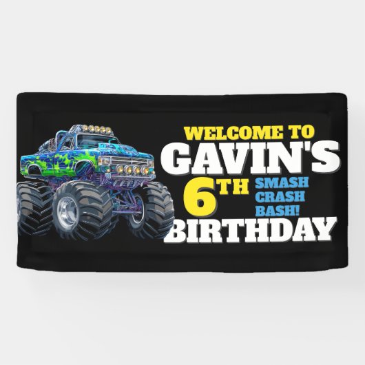 Monster Truck Cool Blue 6e Verjaardag Custom Vinyl Spandoek (Horizontaal)