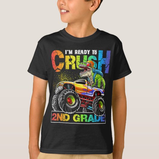 Monster Truck Crush 2nd Grade Dinosaur Boys Back T-shirt (Voorkant)