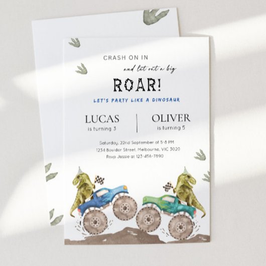 Monster Truck & Dinosaur Siblings Joint Birthday Kaart