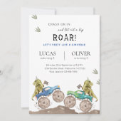 Monster Truck & Dinosaur Siblings Joint Birthday Kaart (Voorkant)