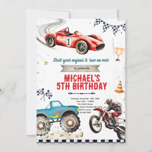 Monster truck Dirt Bikes and race car theme invite Kaart (Voorkant)