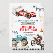Monster truck Dirt Bikes and race car theme invite Kaart (Voorkant / Achterkant)