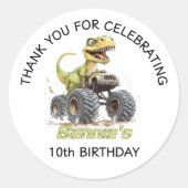 Monster Truck en T-Rex Dinosaurus Verjaardagsfeest Ronde Sticker (Voorkant)