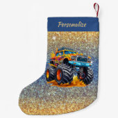 Monster Truck Flames Glitter Background Christmas Kleine Kerstsok (Achterkant)