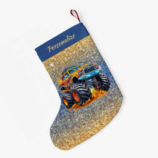 Monster Truck Flames Glitter Background Christmas Kleine Kerstsok (Achterkant (Hangend))