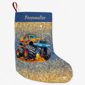 Monster Truck Flames Glitter Background Christmas Kleine Kerstsok (Voorkant)