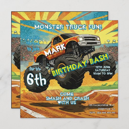 Monster Truck Fun Verjaardagsuitnodiging Flat Kaar (Voorkant / Achterkant)