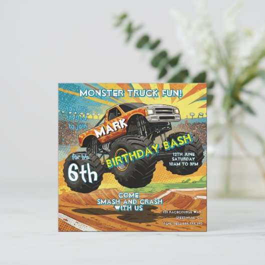Monster Truck Fun Verjaardagsuitnodiging Flat Kaar (Staand voorkant)