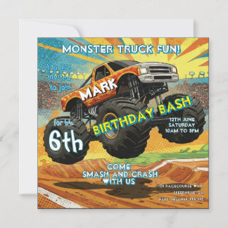 Monster Truck Fun Verjaardagsuitnodiging Flat Kaar