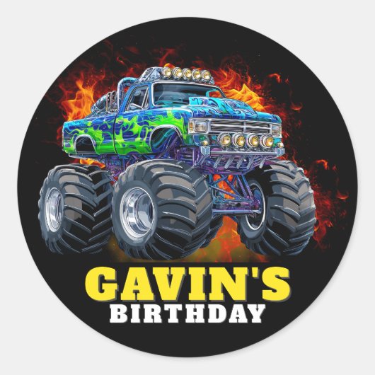 Monster Truck gepersonaliseerd verjaardagsfeestje Ronde Sticker (Voorkant)