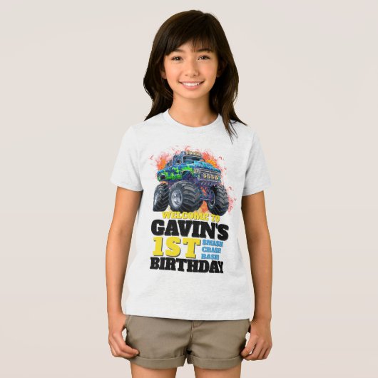 Monster Truck gepersonaliseerd verjaardagsfeestje Tri-Blend Shirt (Voorkant volledig)