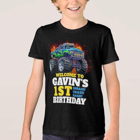 Monster Truck gepersonaliseerd verjaardagsfeestje Tri-Blend Shirt (Voorkant)