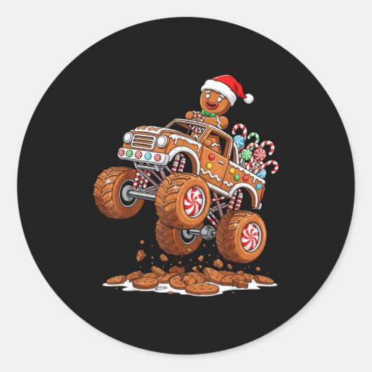 Monster Truck Gingerbread Man Funny Christmas Baki Ronde Sticker (Voorkant)