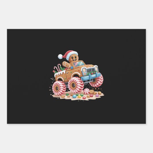 Monster Truck Gingerbread Man Kerst Bakken Inpakpapier Vel (Voorkant)