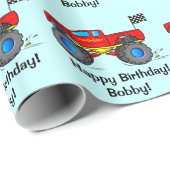 Monster Truck Happy Birthday Name Cadeaupapier (Rol Hoek)