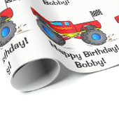 Monster Truck Happy Birthday Name Cadeaupapier (Rol Hoek)