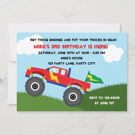 Monster Truck Invitation - Boys Birthday Kaart (Voorkant)