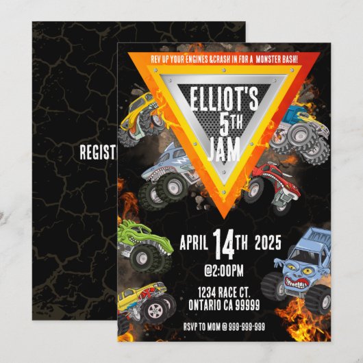 Monster Truck Invitation Kaart (Voorkant / Achterkant)