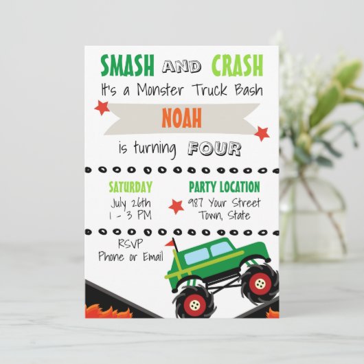 Monster Truck Invitation Kaart (Staand voorkant)