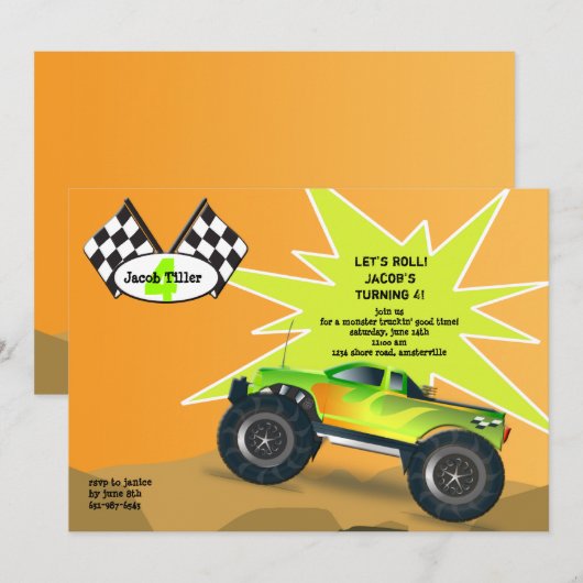 Monster Truck Invitation Kaart (Voorkant / Achterkant)