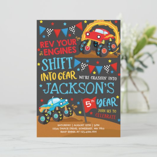 Monster Truck Invitation Monster Truck Birthday Kaart (Staand voorkant)