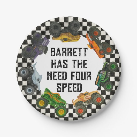Monster Truck Jam Party Borden - 4e verjaardag Papieren Bordje (Voorkant)