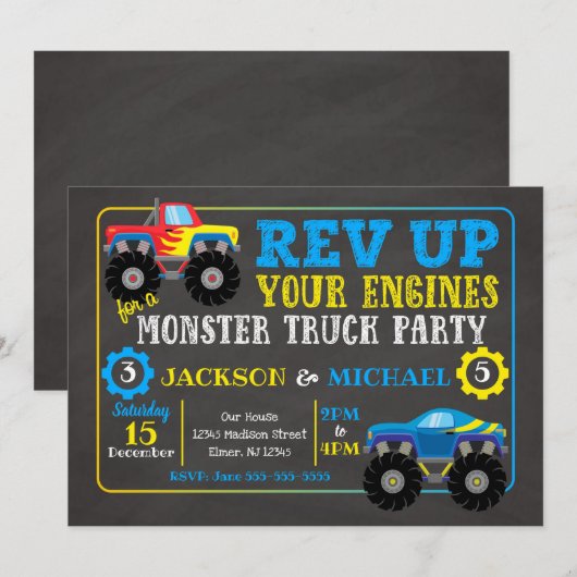 Monster Truck Joint Birthday Invitation Kaart (Voorkant / Achterkant)