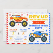 Monster Truck Joint Birthday Invitation Siblings Kaart (Voorkant)