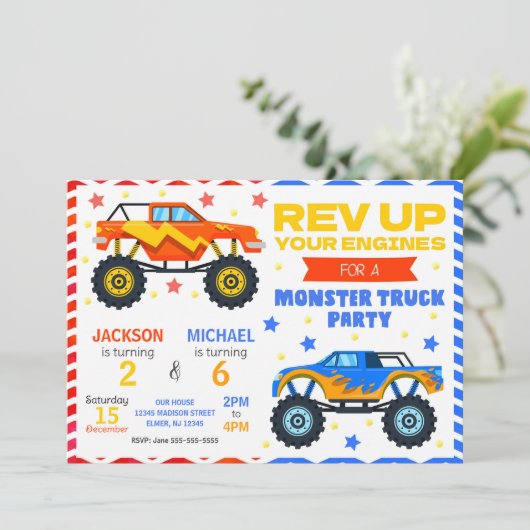 Monster Truck Joint Birthday Invitation Siblings Kaart (Staand voorkant)