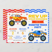 Monster Truck Joint Birthday Invitation Siblings Kaart (Voorkant / Achterkant)